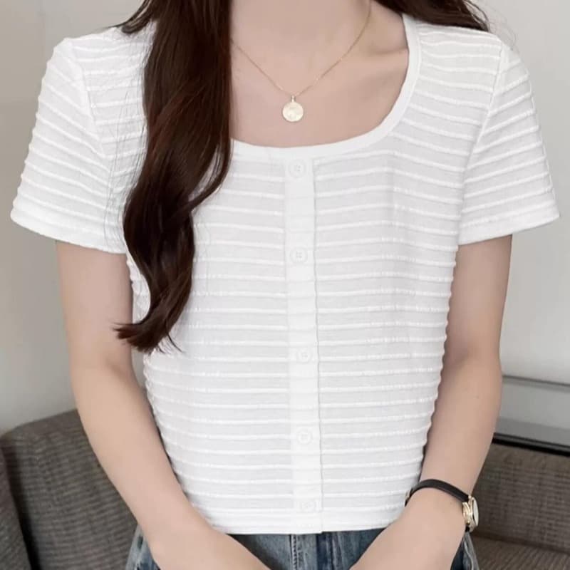 작은 키 스트라이프 반팔 티셔츠 여성 여름 2026 새로운 광장 칼라 만나는 슬림해 보이는 티셔츠 슈퍼 쇼트 스타일 맨위 이미지 5