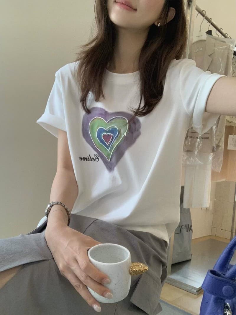 무거운 작업 하트 프린트 아치교 자수 반팔 티셔츠 여성 여름 2026 새로운 루즈핏 슬림해 보이는 캐주얼 디자인 센스 맨위 상세 이미지 8