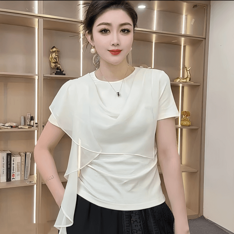 프랑스식 고유 한 아름다운 불규칙 리본 반팔 티셔츠 여성 2026 여름 새로운 작은 대중 디자인 부드러운 맨위 이미지 2