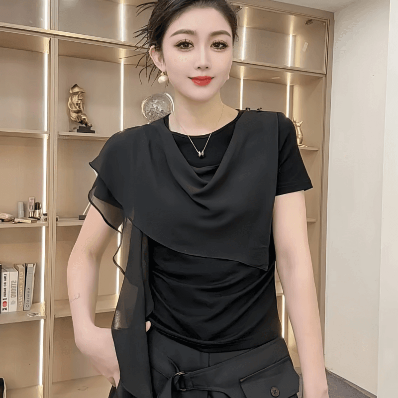 프랑스식 고유 한 아름다운 불규칙 리본 반팔 티셔츠 여성 2026 여름 새로운 작은 대중 디자인 부드러운 맨위