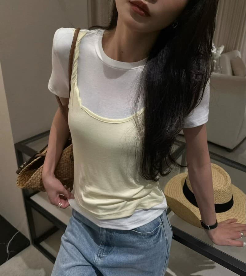 페이크 레이어드 배색 슬립 반팔 티셔츠 여성 유럽 상품 2026 여름 패션 외국 가스 몸매 가꾸기 슬림해 보이는 라운드 넥 맨위 상세 이미지 11