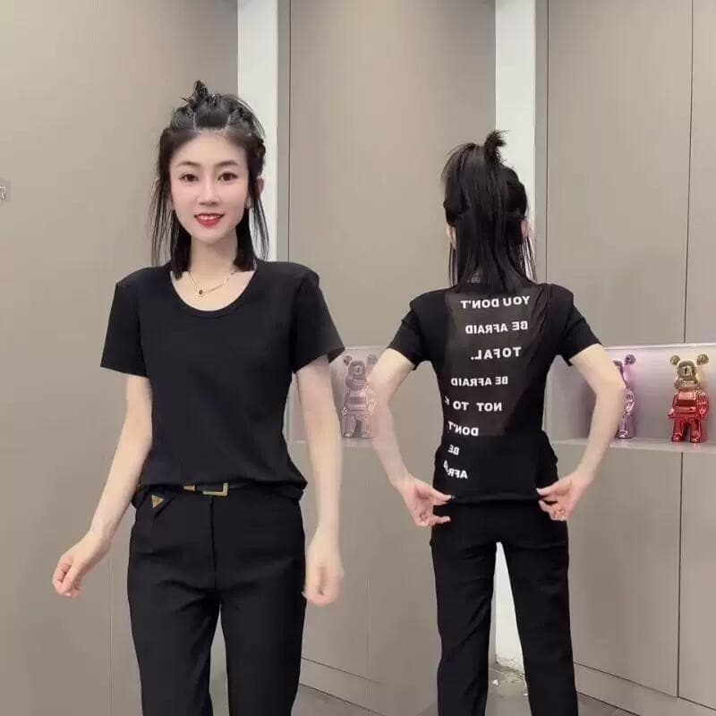 뒤로 망사 알파벳 프린트 핫걸 몸매 가꾸기 반팔 티셔츠 여성 여름 다용도 Chic 긍정적 인 어깨 슬림해 보이는 맨위 트렌디 상세 이미지 6