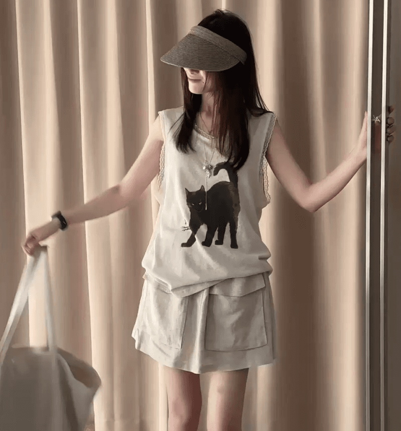 한 부서 패치워크 레이스 레이스 고양이 프린트 I자형 조끼 여성 2026 여름 루즈핏 슬림해 보이는 민소매 맨위 상세 이미지 6