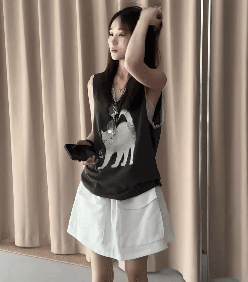 한 부서 패치워크 레이스 레이스 고양이 프린트 I자형 조끼 여성 2026 여름 루즈핏 슬림해 보이는 민소매 맨위 상세 이미지 7
