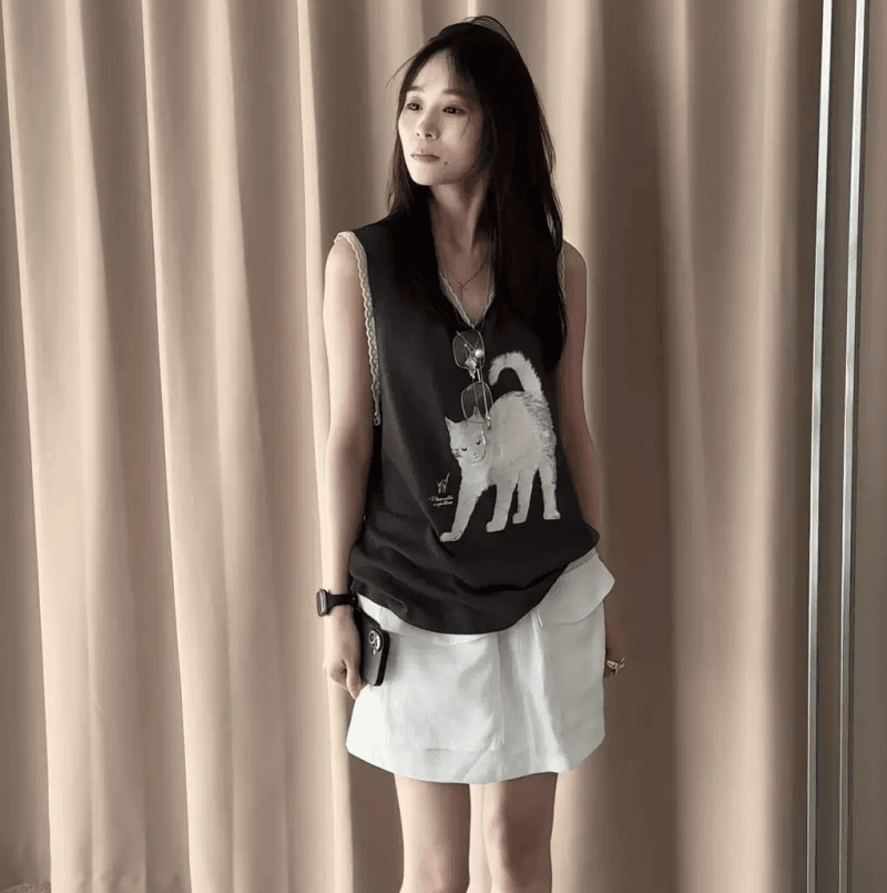 한 부서 패치워크 레이스 레이스 고양이 프린트 I자형 조끼 여성 2026 여름 루즈핏 슬림해 보이는 민소매 맨위 상세 이미지 9