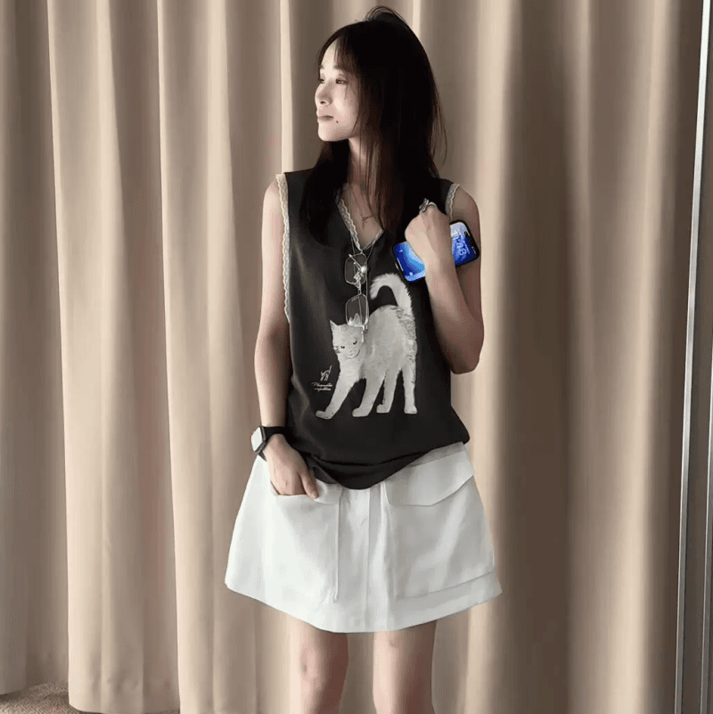 한 부서 패치워크 레이스 레이스 고양이 프린트 I자형 조끼 여성 2026 여름 루즈핏 슬림해 보이는 민소매 맨위 상세 이미지 10