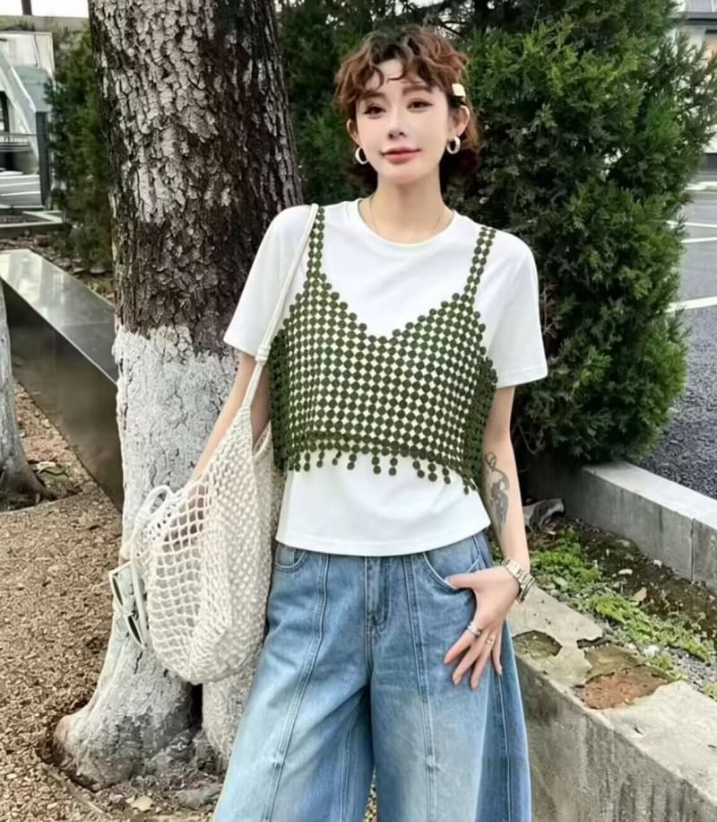 2026 여름 새로운 한국 스타일 패션 라운드 넥 반팔 티셔츠 여성 홀로우 아웃 슬립 슬림해 보이는 다용도 투피스 세트 맨위