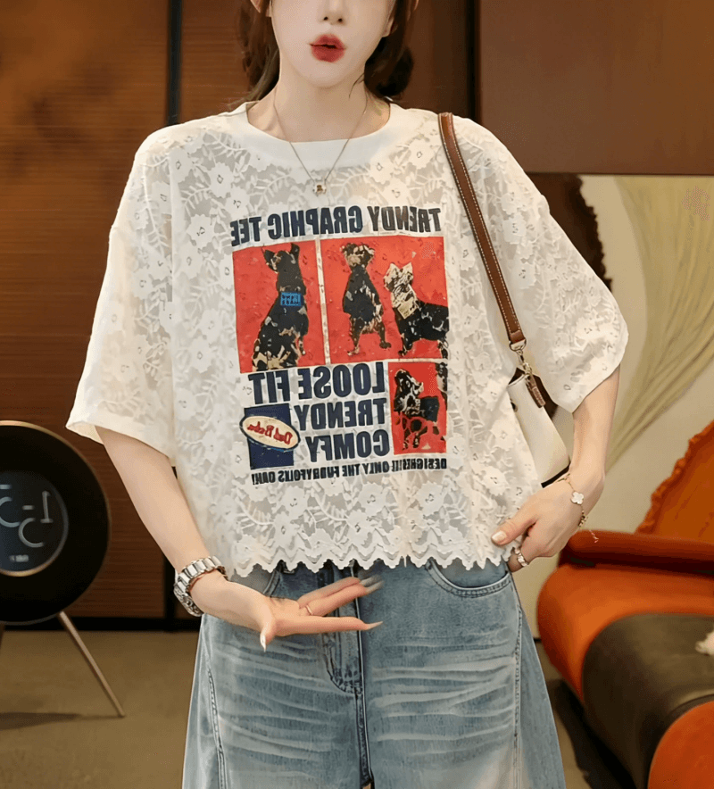 한 스타일 레이스 프린트 반팔 티셔츠 여성 여름 2026 년 새로운 루즈핏 다용도 연령 감소 맨위 쇼트 스타일 맨위