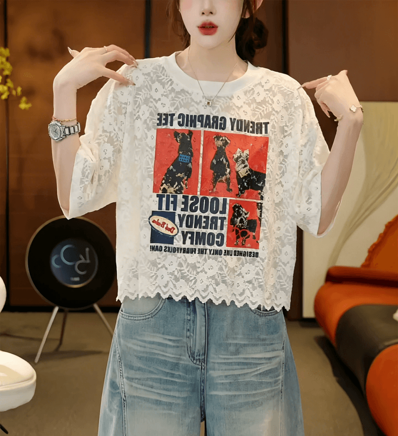 한 스타일 레이스 프린트 반팔 티셔츠 여성 여름 2026 년 새로운 루즈핏 다용도 연령 감소 맨위 쇼트 스타일 맨위 상세 이미지 2