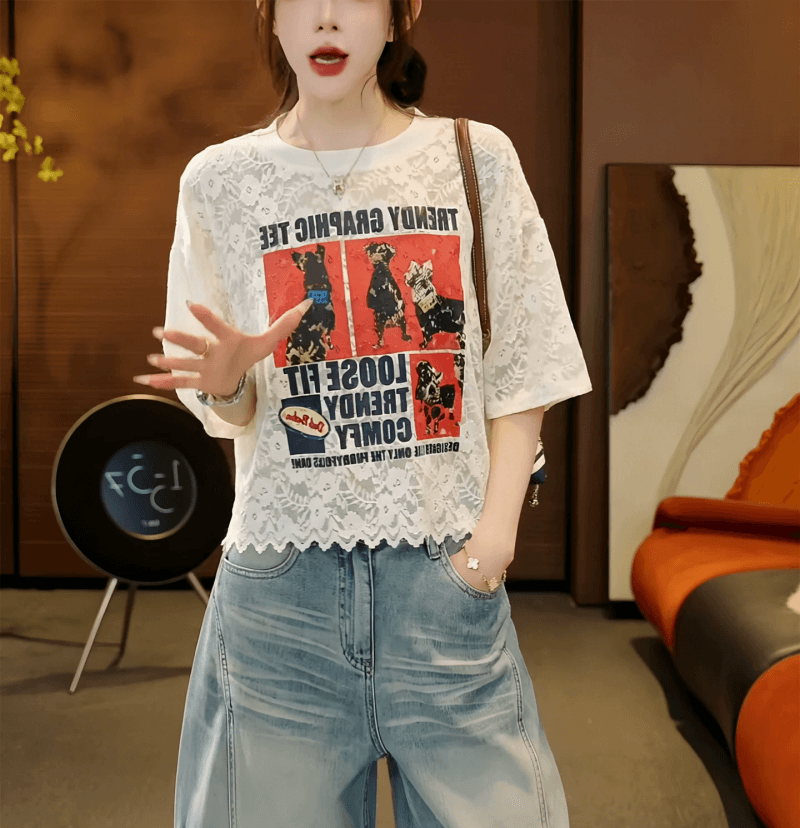 한 스타일 레이스 프린트 반팔 티셔츠 여성 여름 2026 년 새로운 루즈핏 다용도 연령 감소 맨위 쇼트 스타일 맨위 상세 이미지 3