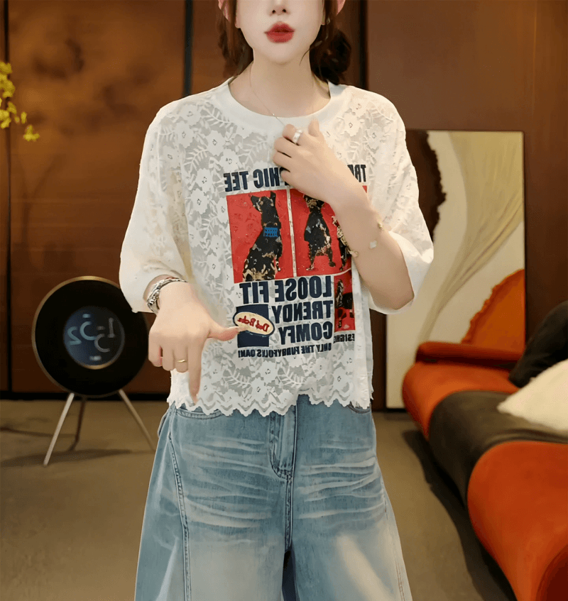 한 스타일 레이스 프린트 반팔 티셔츠 여성 여름 2026 년 새로운 루즈핏 다용도 연령 감소 맨위 쇼트 스타일 맨위 상세 이미지 4