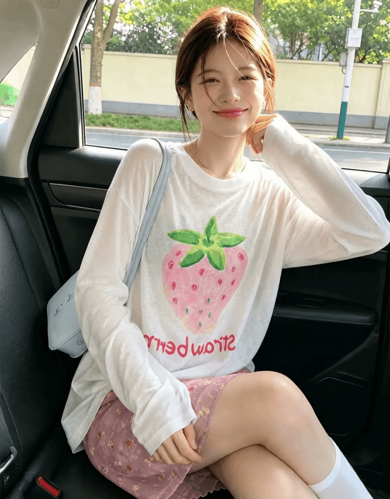 딸기 프린트 자외선 차단 티셔츠 여성 얇은 스타일 통기성 루즈핏 느긋한 바람 긴팔 블라우스 얇은 스타일 달콤함 동정 맨위
