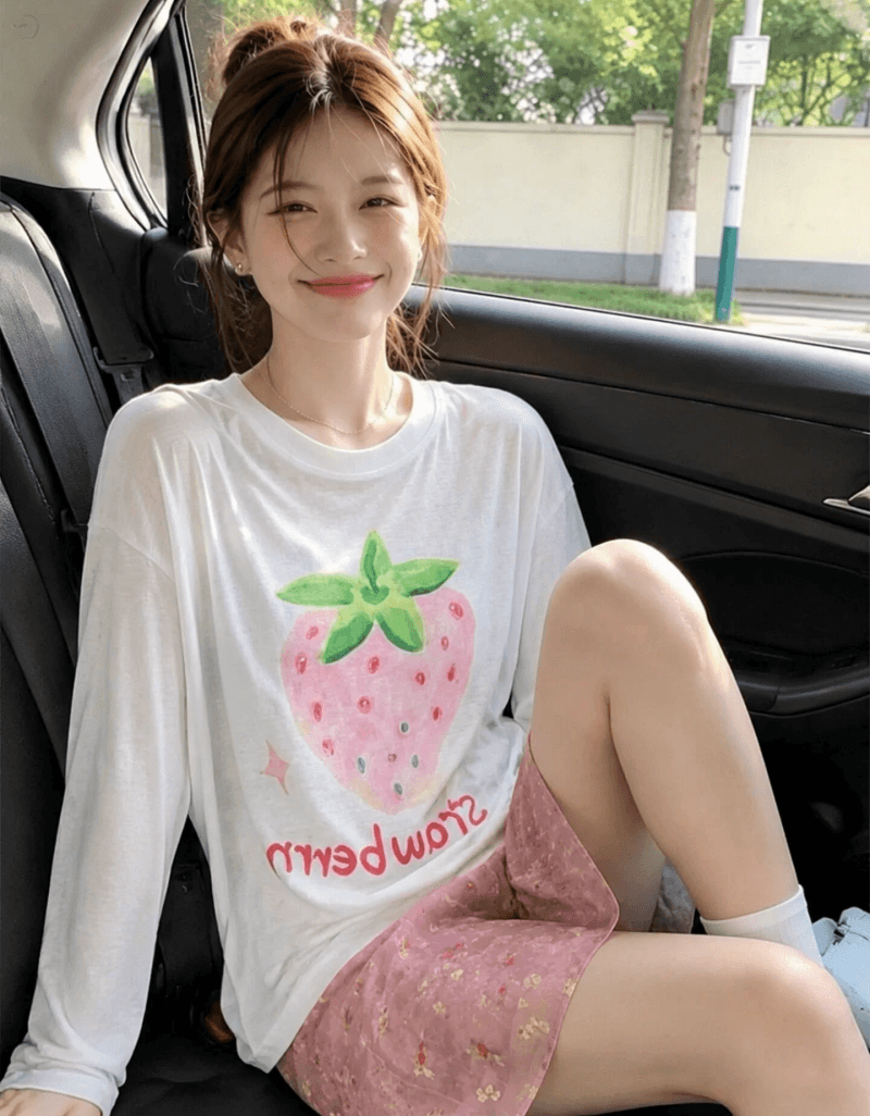 딸기 프린트 자외선 차단 티셔츠 여성 얇은 스타일 통기성 루즈핏 느긋한 바람 긴팔 블라우스 얇은 스타일 달콤함 동정 맨위 상세 이미지 2