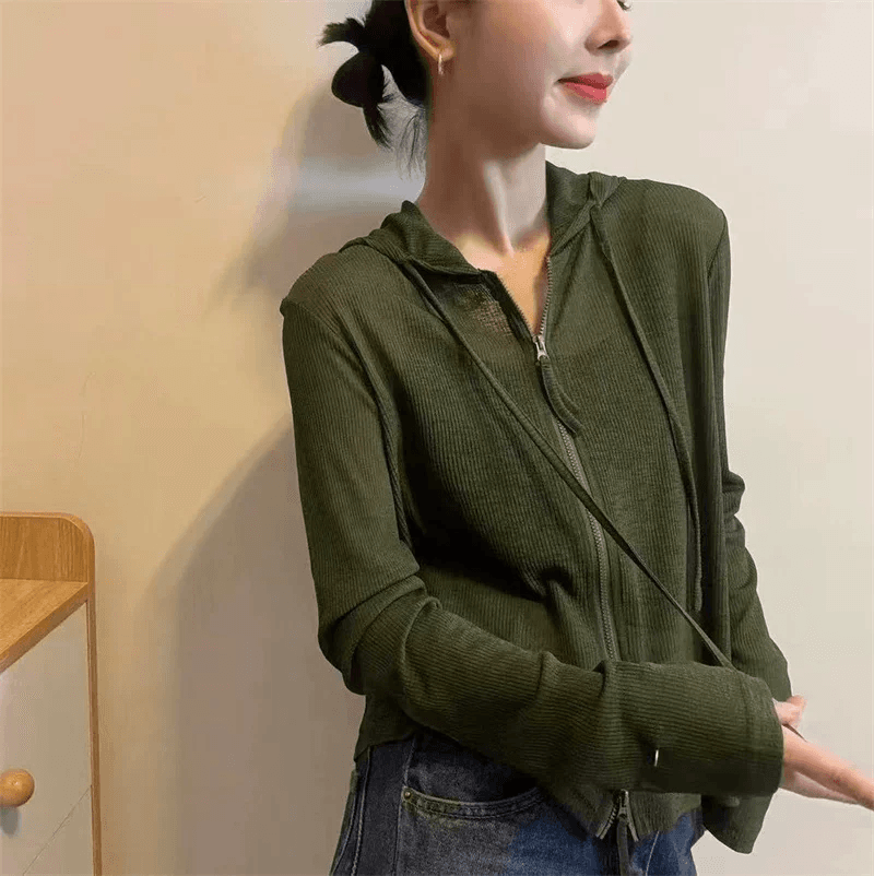 후드 쇼트 스타일 더블 지퍼 유리 실 자외선 차단 오픈 가디건 티셔츠 여성 얇은 스타일 26 여름 단색 켜기 외투 셔츠 통기성 상세 이미지 2