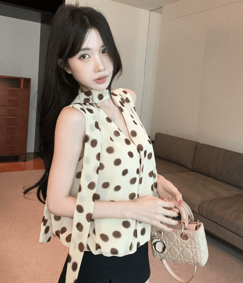 Chic 리본 V넥 연령 감소 도트 무늬 여성 셔츠 여름 새로운 한국 스타일 루즈핏 꽃밭 종류 밑단 조끼 여성 ins 상세 이미지 3