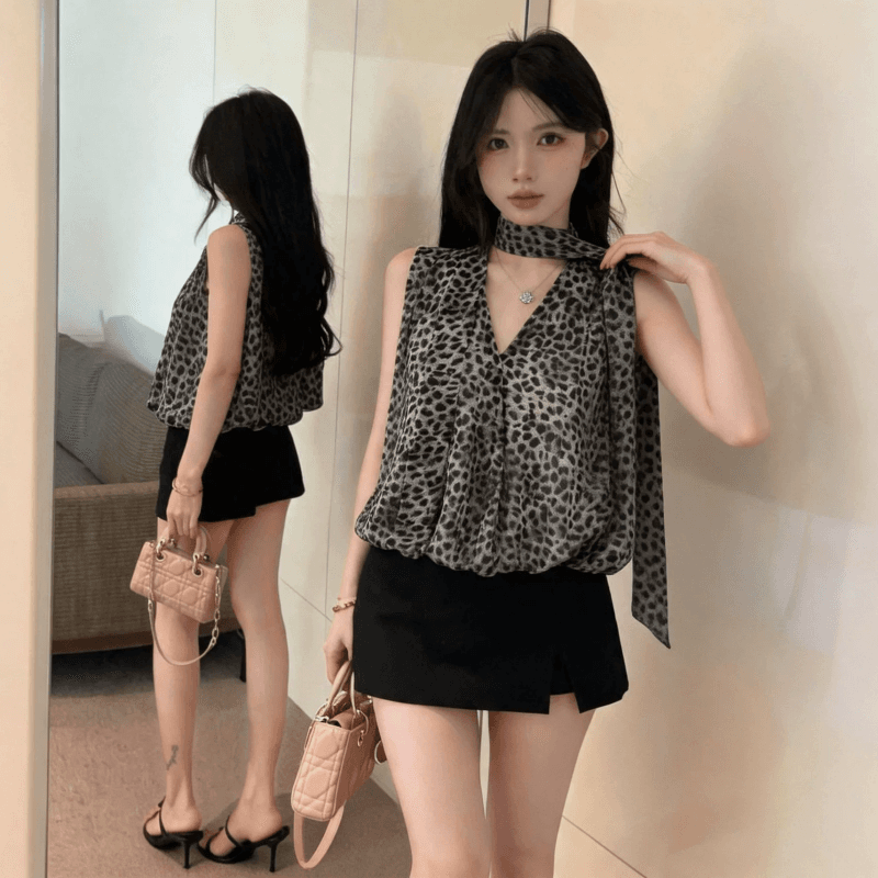 Chic 리본 V넥 연령 감소 도트 무늬 여성 셔츠 여름 새로운 한국 스타일 루즈핏 꽃밭 종류 밑단 조끼 여성 ins 상세 이미지 8