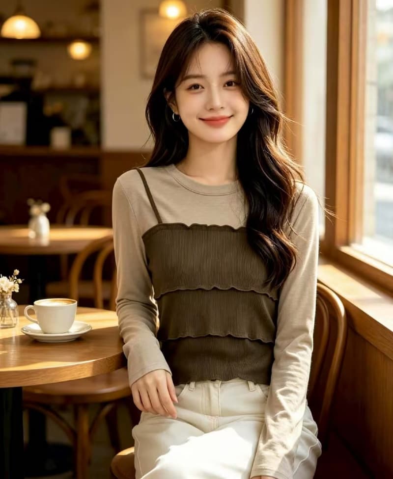 한국 스타일 레트로 프릴 패치워크 페이크 레이어드 반팔 티셔츠 여성 2026 가을 새로운 디자인 센스 슬림해 보이는 맨위 이미지 2