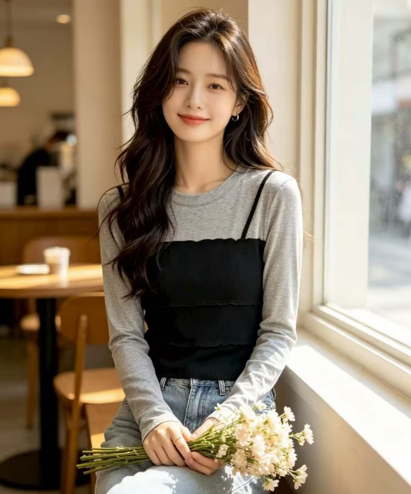 한국 스타일 레트로 프릴 패치워크 페이크 레이어드 반팔 티셔츠 여성 2026 가을 새로운 디자인 센스 슬림해 보이는 맨위 이미지 4