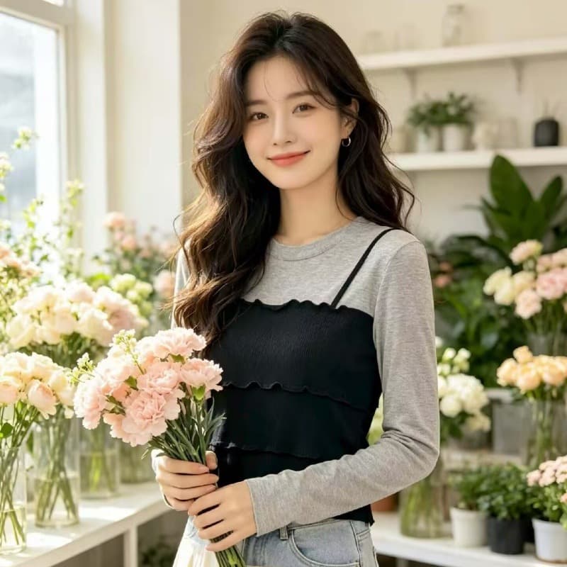 한국 스타일 레트로 프릴 패치워크 페이크 레이어드 반팔 티셔츠 여성 2026 가을 새로운 디자인 센스 슬림해 보이는 맨위 이미지 5