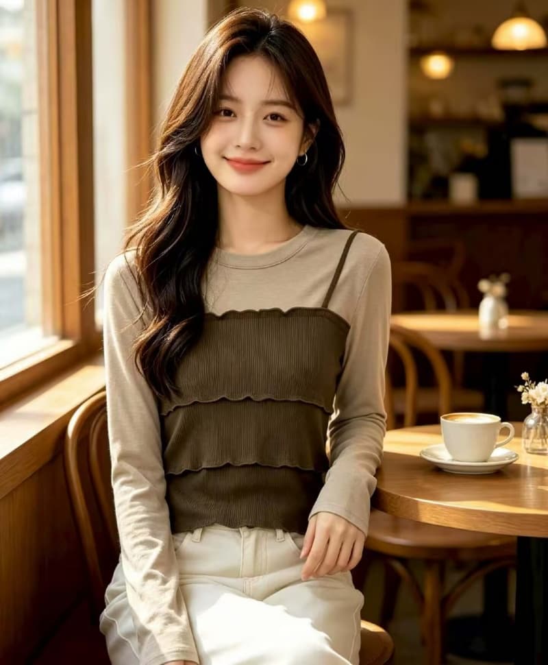 한국 스타일 레트로 프릴 패치워크 페이크 레이어드 반팔 티셔츠 여성 2026 가을 새로운 디자인 센스 슬림해 보이는 맨위 상세 이미지 2