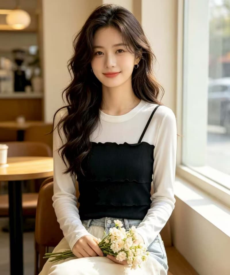 한국 스타일 레트로 프릴 패치워크 페이크 레이어드 반팔 티셔츠 여성 2026 가을 새로운 디자인 센스 슬림해 보이는 맨위 상세 이미지 3