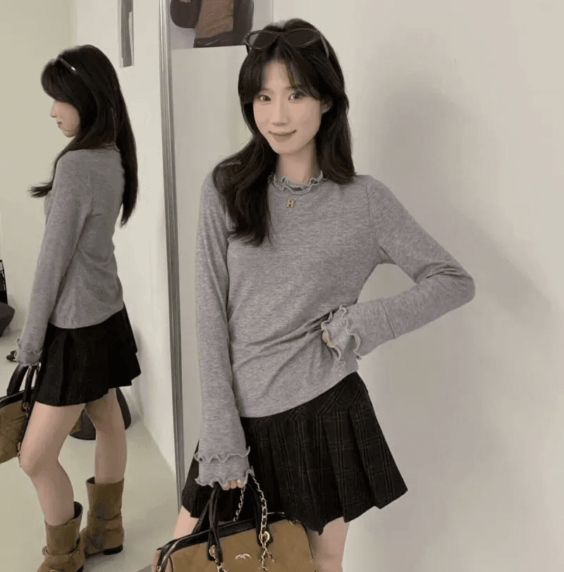 한 부서 미니멀리즘 바람 프릴 긴팔 티셔츠 여성 2026 가을 새로운 몸매 가꾸기 슬림해 보이는 인사이드 가져 가라. 기본 셔츠 맨위 상세 이미지 1