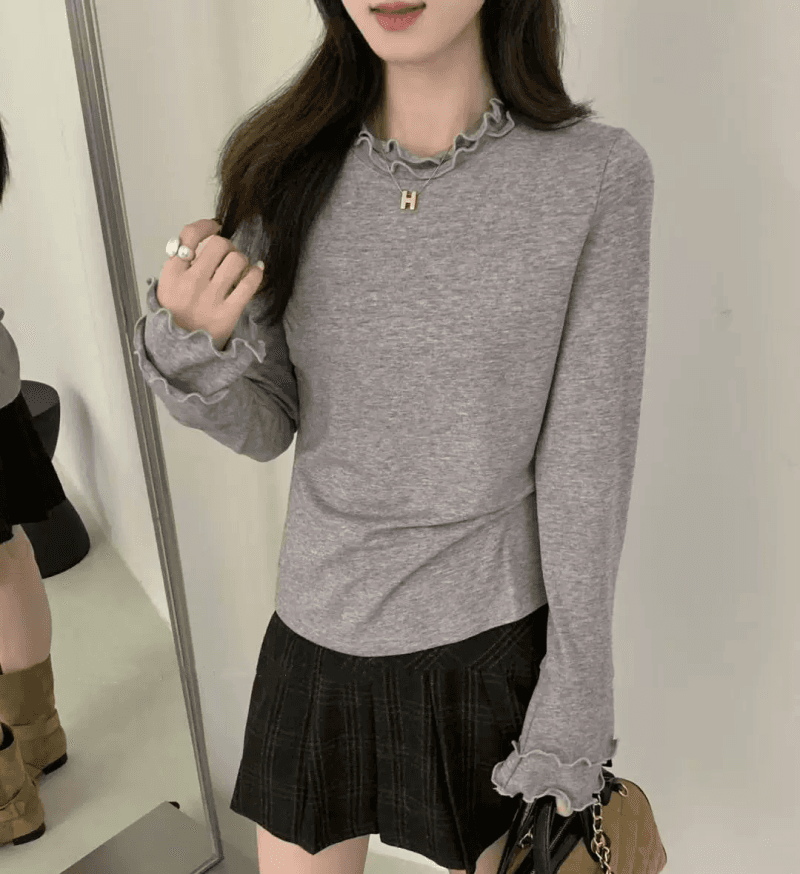 한 부서 미니멀리즘 바람 프릴 긴팔 티셔츠 여성 2026 가을 새로운 몸매 가꾸기 슬림해 보이는 인사이드 가져 가라. 기본 셔츠 맨위 상세 이미지 3