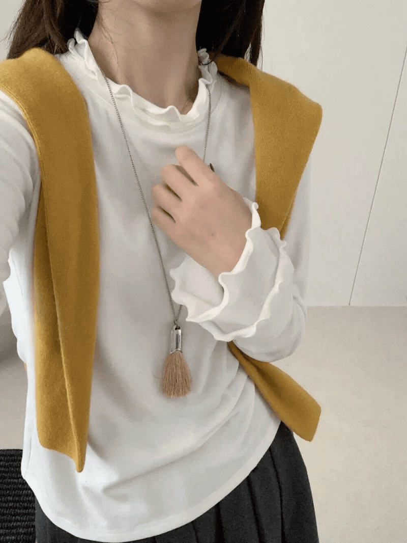 한 부서 미니멀리즘 바람 프릴 긴팔 티셔츠 여성 2026 가을 새로운 몸매 가꾸기 슬림해 보이는 인사이드 가져 가라. 기본 셔츠 맨위 상세 이미지 6