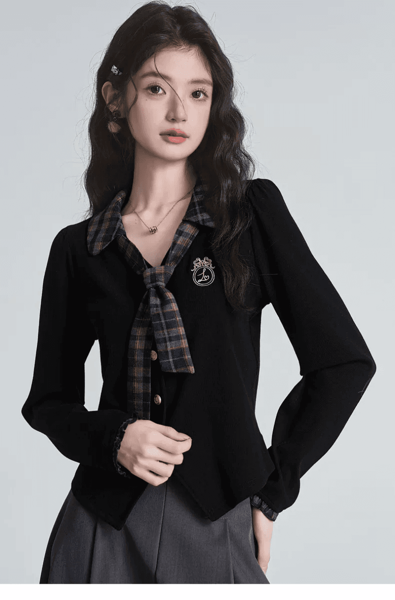 학원 스타일 다용도 레트로 패치워크 체크무늬 티셔츠 여성 2026 가을 페이크 레이어드 몸매 가꾸기 긴팔 기본 셔츠 맨위 상세 이미지 2
