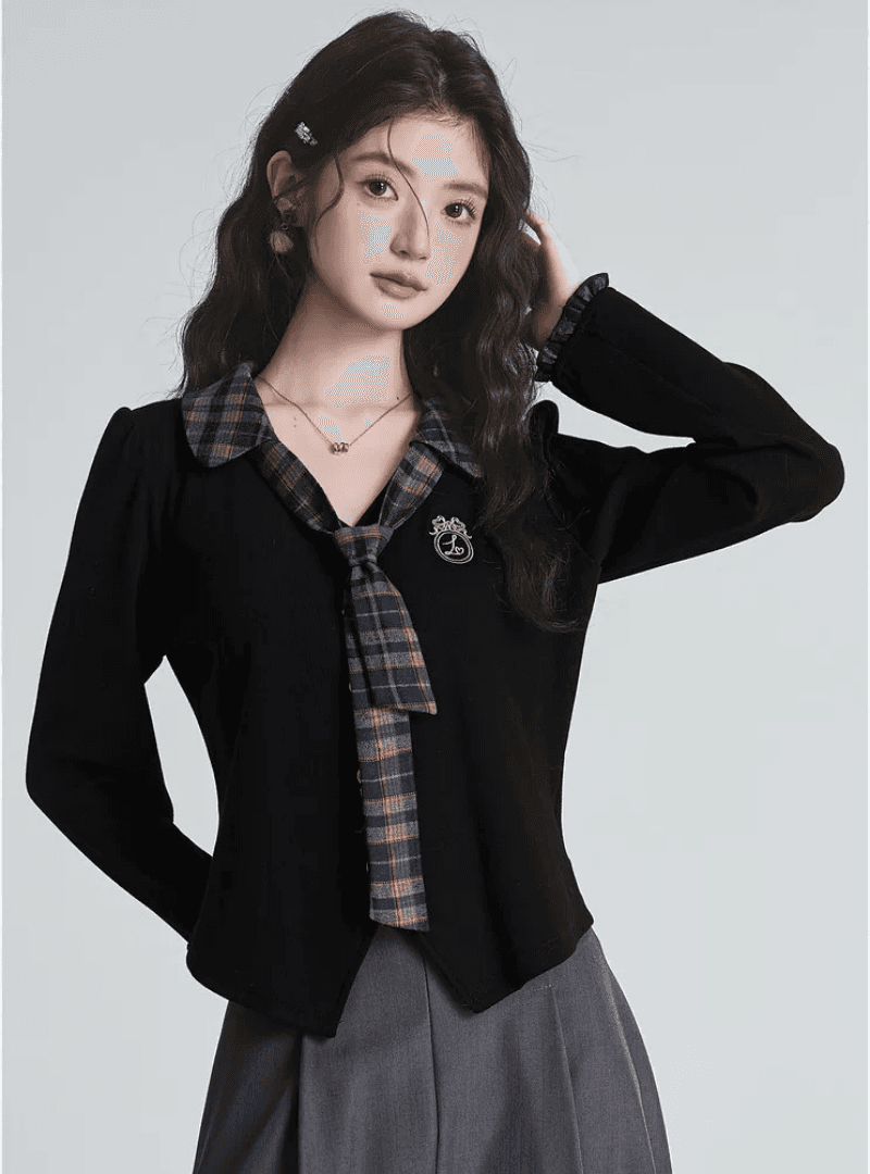 학원 스타일 다용도 레트로 패치워크 체크무늬 티셔츠 여성 2026 가을 페이크 레이어드 몸매 가꾸기 긴팔 기본 셔츠 맨위 상세 이미지 3