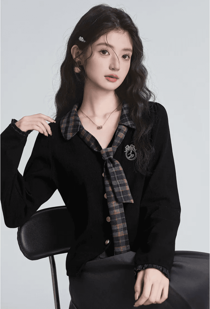 학원 스타일 다용도 레트로 패치워크 체크무늬 티셔츠 여성 2026 가을 페이크 레이어드 몸매 가꾸기 긴팔 기본 셔츠 맨위 상세 이미지 5