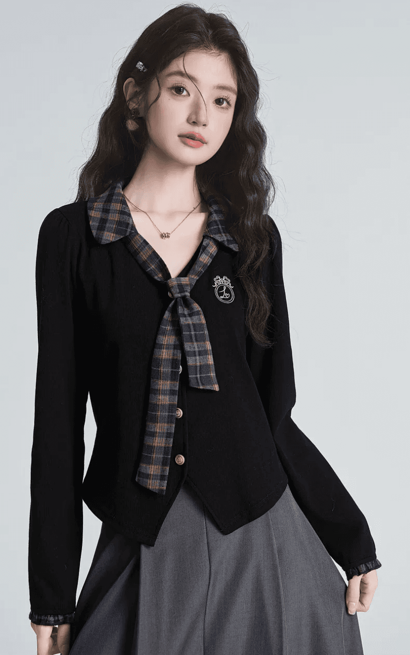 학원 스타일 다용도 레트로 패치워크 체크무늬 티셔츠 여성 2026 가을 페이크 레이어드 몸매 가꾸기 긴팔 기본 셔츠 맨위 상세 이미지 6