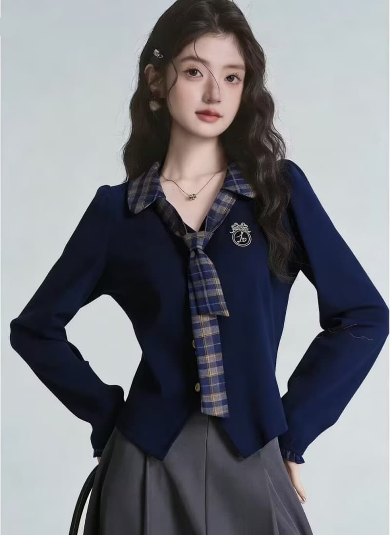학원 스타일 다용도 레트로 패치워크 체크무늬 티셔츠 여성 2026 가을 페이크 레이어드 몸매 가꾸기 긴팔 기본 셔츠 맨위 상세 이미지 7