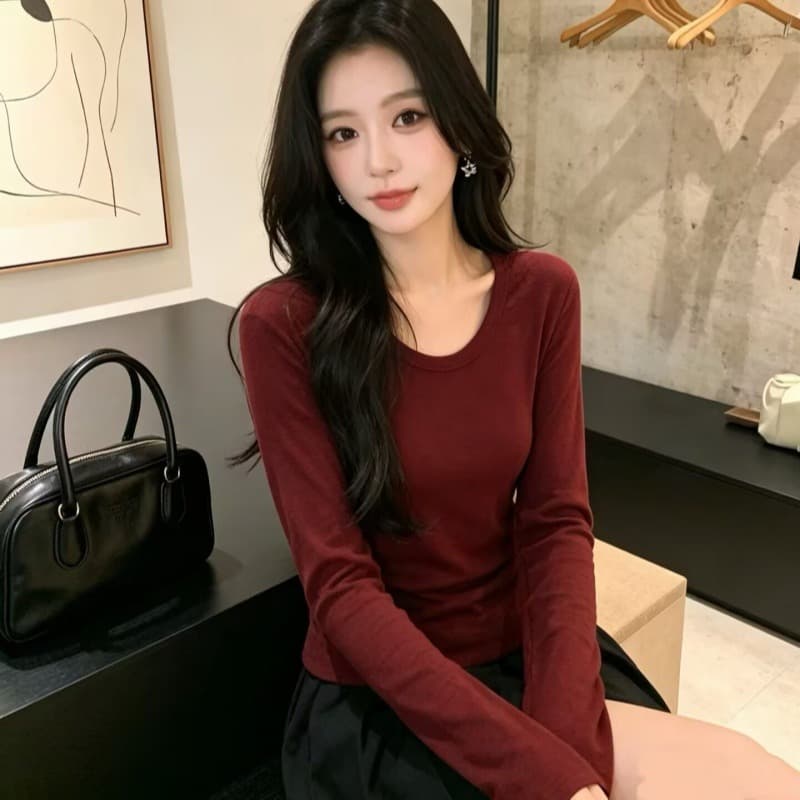 눈꽃 양모 u 칼라 신축성 긴팔 티셔츠 여성 26 가을 겨울 인사이드 가져 가라. 부드러운 찹쌀 기타 색상 기본 셔츠 트렌드 긍정적 인 어깨 의류 이미지 6