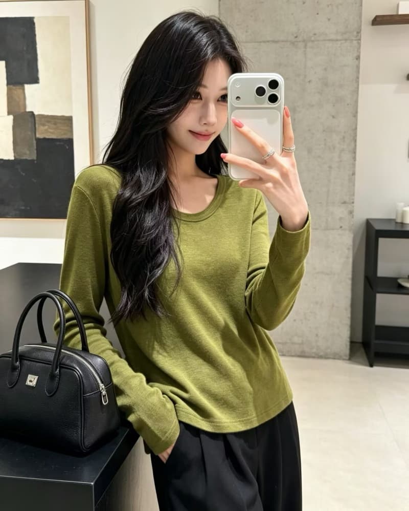 눈꽃 양모 u 칼라 신축성 긴팔 티셔츠 여성 26 가을 겨울 인사이드 가져 가라. 부드러운 찹쌀 기타 색상 기본 셔츠 트렌드 긍정적 인 어깨 의류 상세 이미지 9