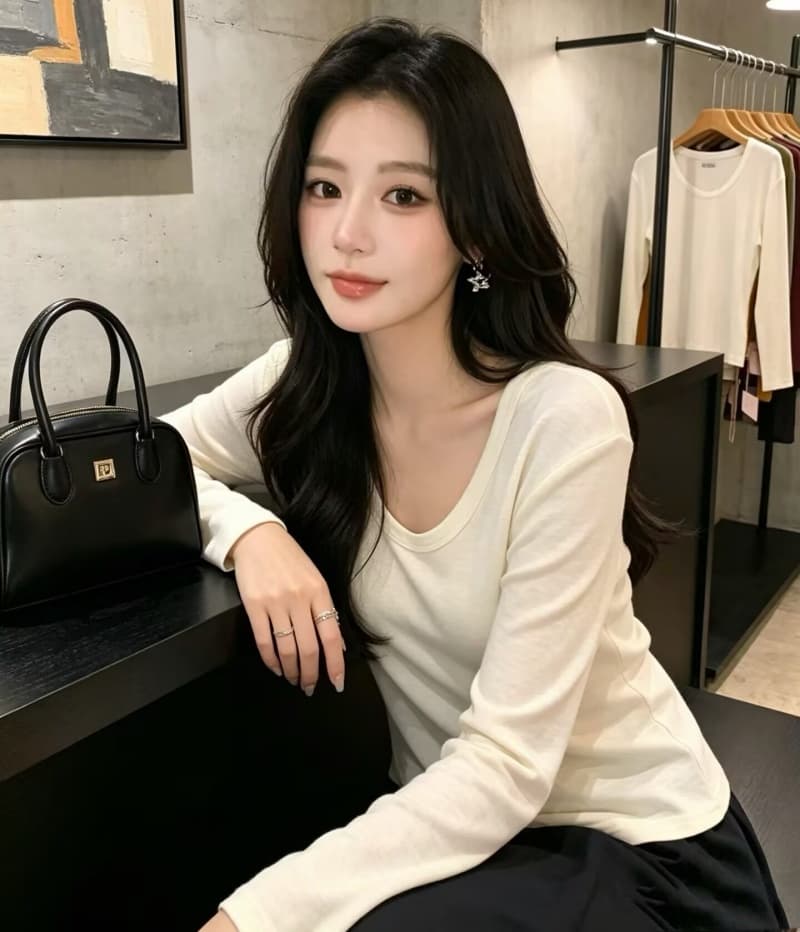 눈꽃 양모 u 칼라 신축성 긴팔 티셔츠 여성 26 가을 겨울 인사이드 가져 가라. 부드러운 찹쌀 기타 색상 기본 셔츠 트렌드 긍정적 인 어깨 의류 상세 이미지 13