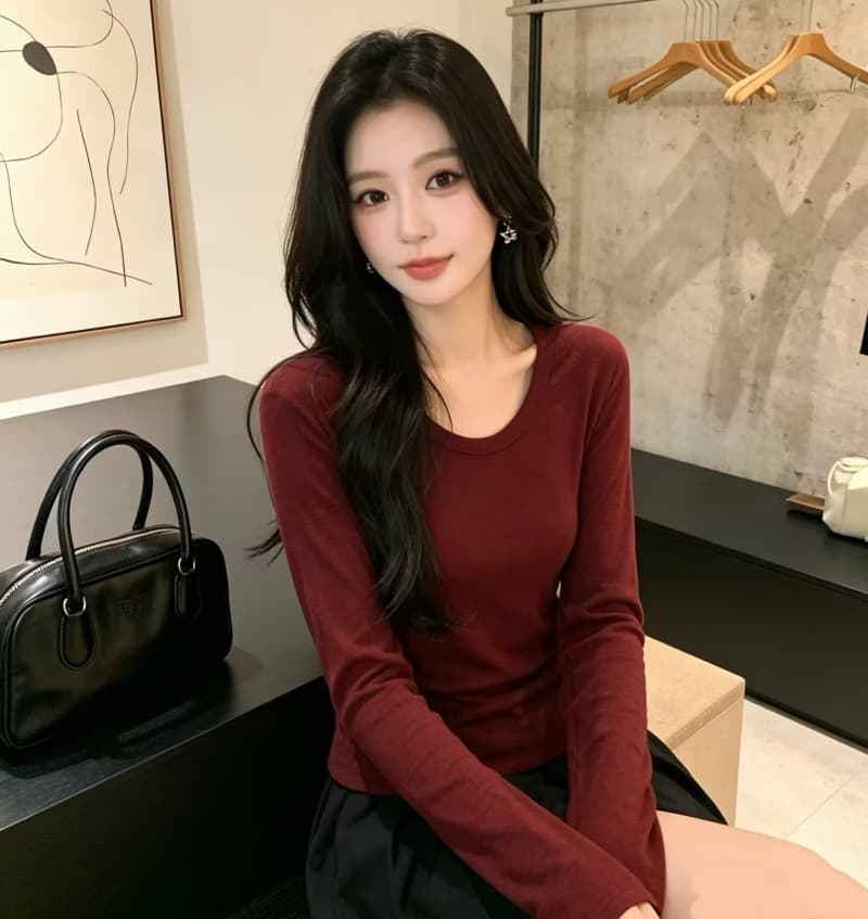 눈꽃 양모 u 칼라 신축성 긴팔 티셔츠 여성 26 가을 겨울 인사이드 가져 가라. 부드러운 찹쌀 기타 색상 기본 셔츠 트렌드 긍정적 인 어깨 의류 상세 이미지 20