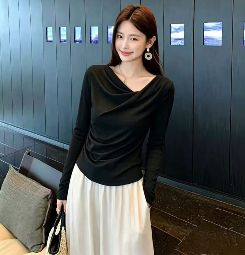 품격 흔들다 칼라 불규칙 티셔츠 여성 2026 가을 의상 새로운 허리 수축 몸매 가꾸기 긴팔 맨위 인사이드 가져 가라. 만나는 작은 셔츠 상세 이미지 3
