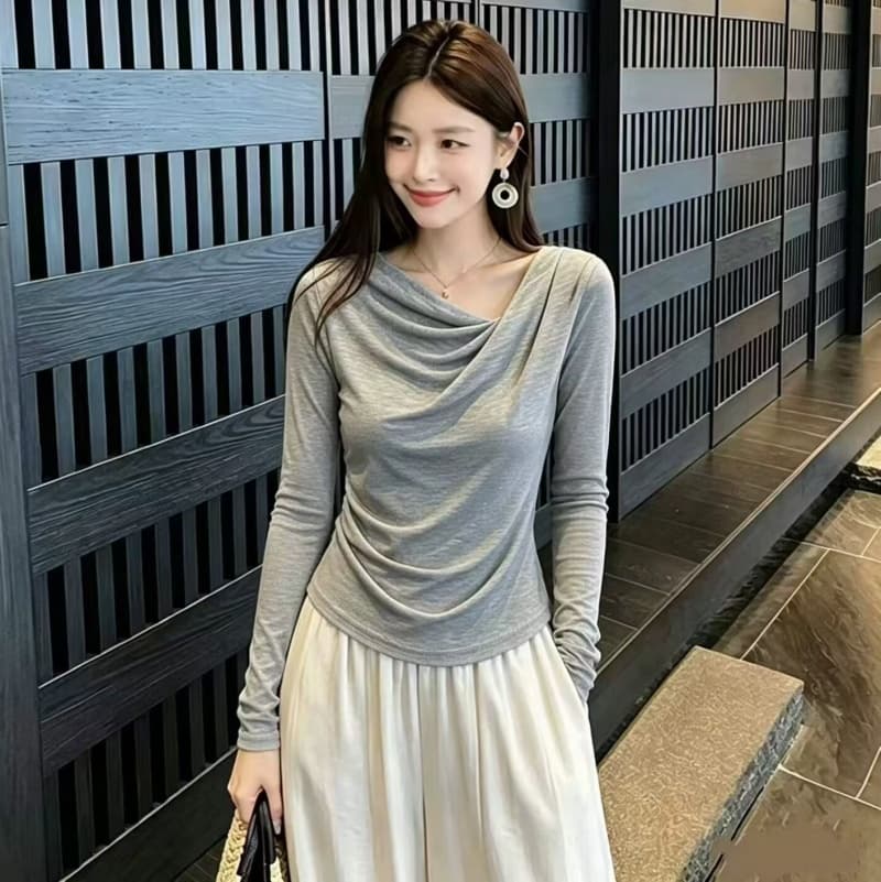 품격 흔들다 칼라 불규칙 티셔츠 여성 2026 가을 의상 새로운 허리 수축 몸매 가꾸기 긴팔 맨위 인사이드 가져 가라. 만나는 작은 셔츠 상세 이미지 4