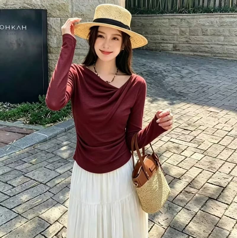 품격 흔들다 칼라 불규칙 티셔츠 여성 2026 가을 의상 새로운 허리 수축 몸매 가꾸기 긴팔 맨위 인사이드 가져 가라. 만나는 작은 셔츠 상세 이미지 7