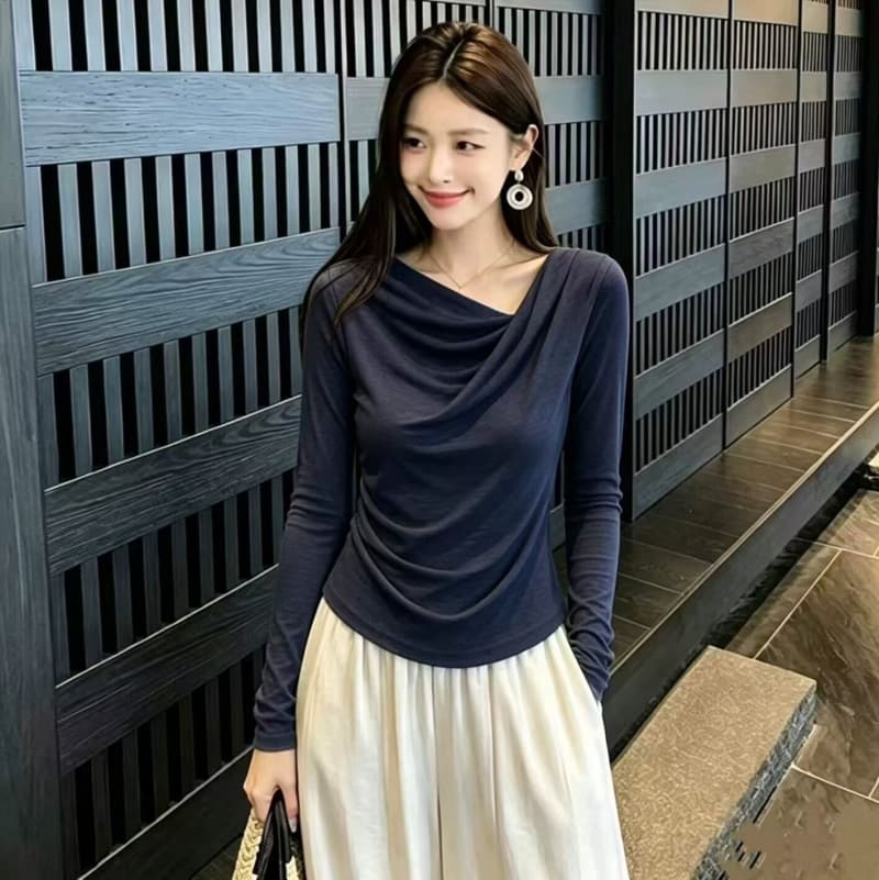품격 흔들다 칼라 불규칙 티셔츠 여성 2026 가을 의상 새로운 허리 수축 몸매 가꾸기 긴팔 맨위 인사이드 가져 가라. 만나는 작은 셔츠 상세 이미지 11