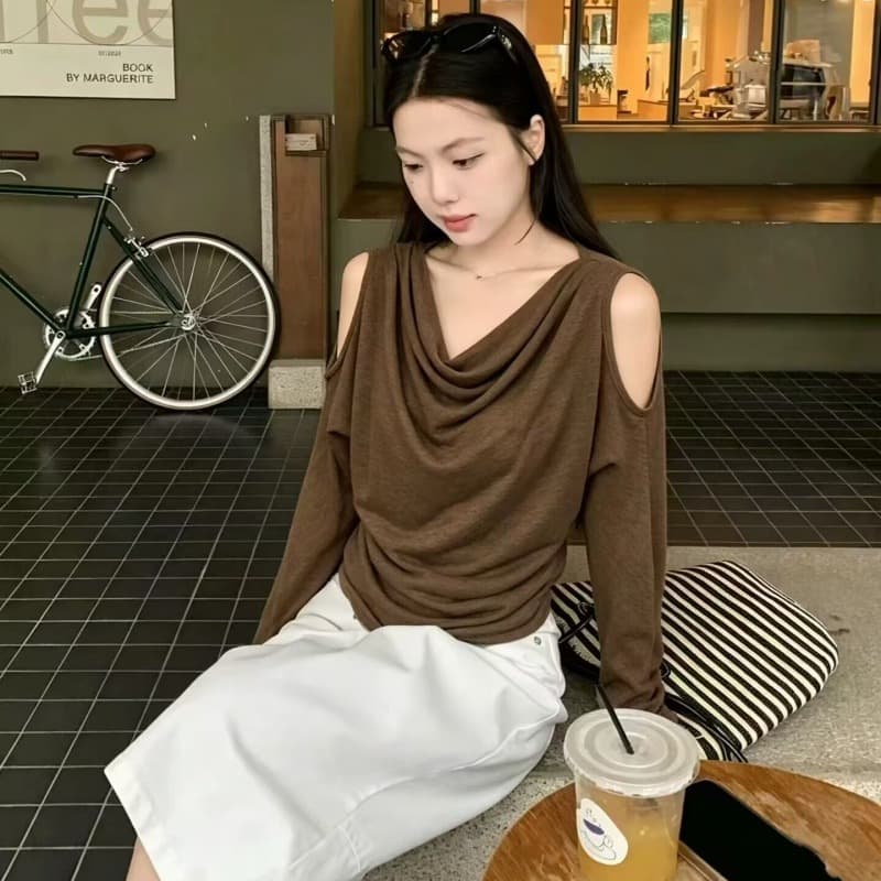 한 부서 디자인 센스 흔들다 칼라 오프숄더 긴팔 티셔츠 가을 여성 2026 새로운 다용도 슬림해 보이는 루즈핏 느긋한 맨위 이미지 5