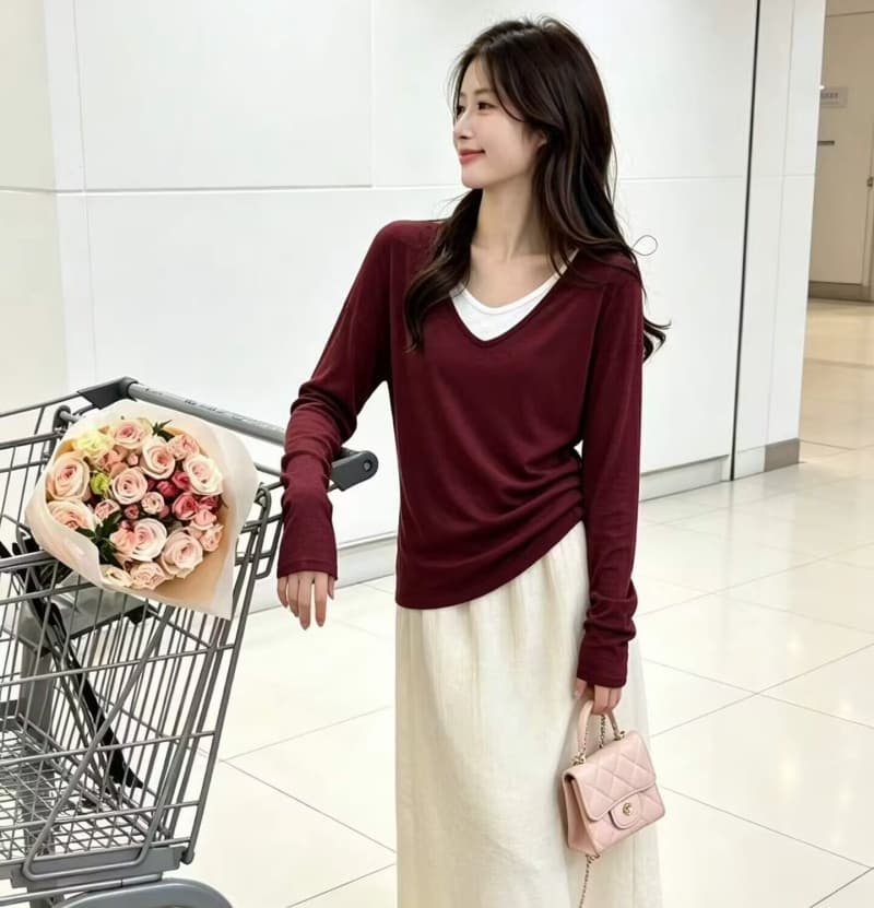 한 부서 느긋한 페이크 레이어드 배색 V넥 긴팔 티셔츠 여성 가을 새로운 루즈핏 캐주얼 느슨함 센스 만나는 맨위 상세 이미지 11
