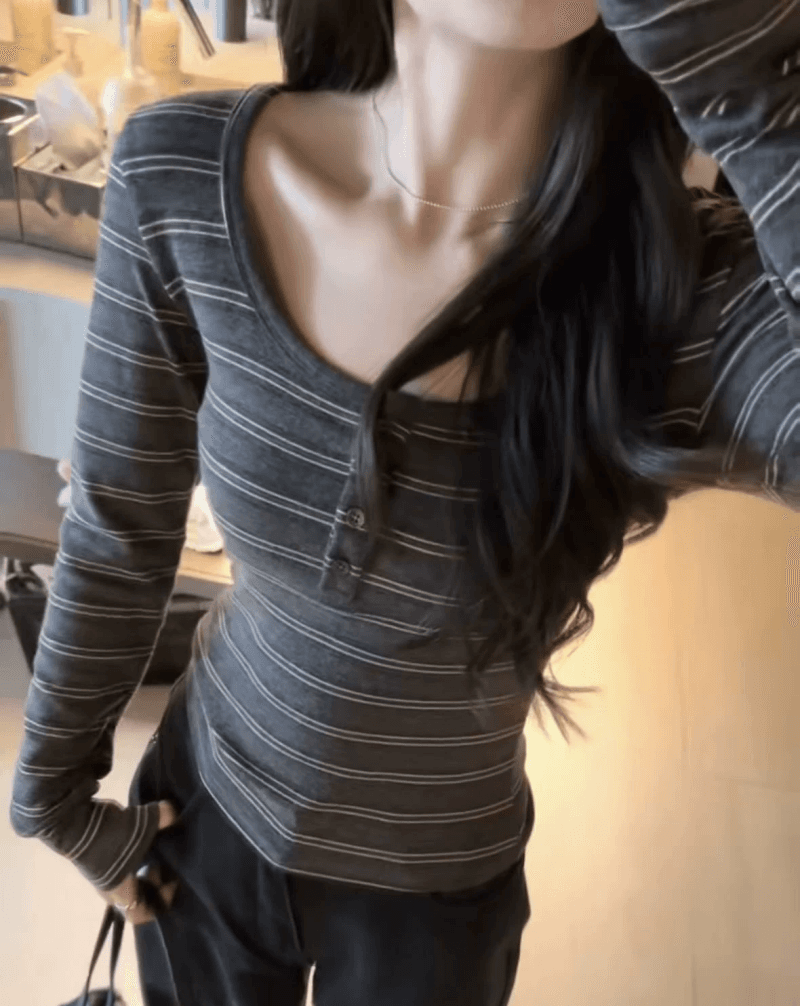 한 부서 chic Chic 작은 맨위 여성 이른 가을 디자인 센스 작은 대중 배색 스트라이프 슬림해 보이는 긴팔 티셔츠 기본 셔츠 이미지 3