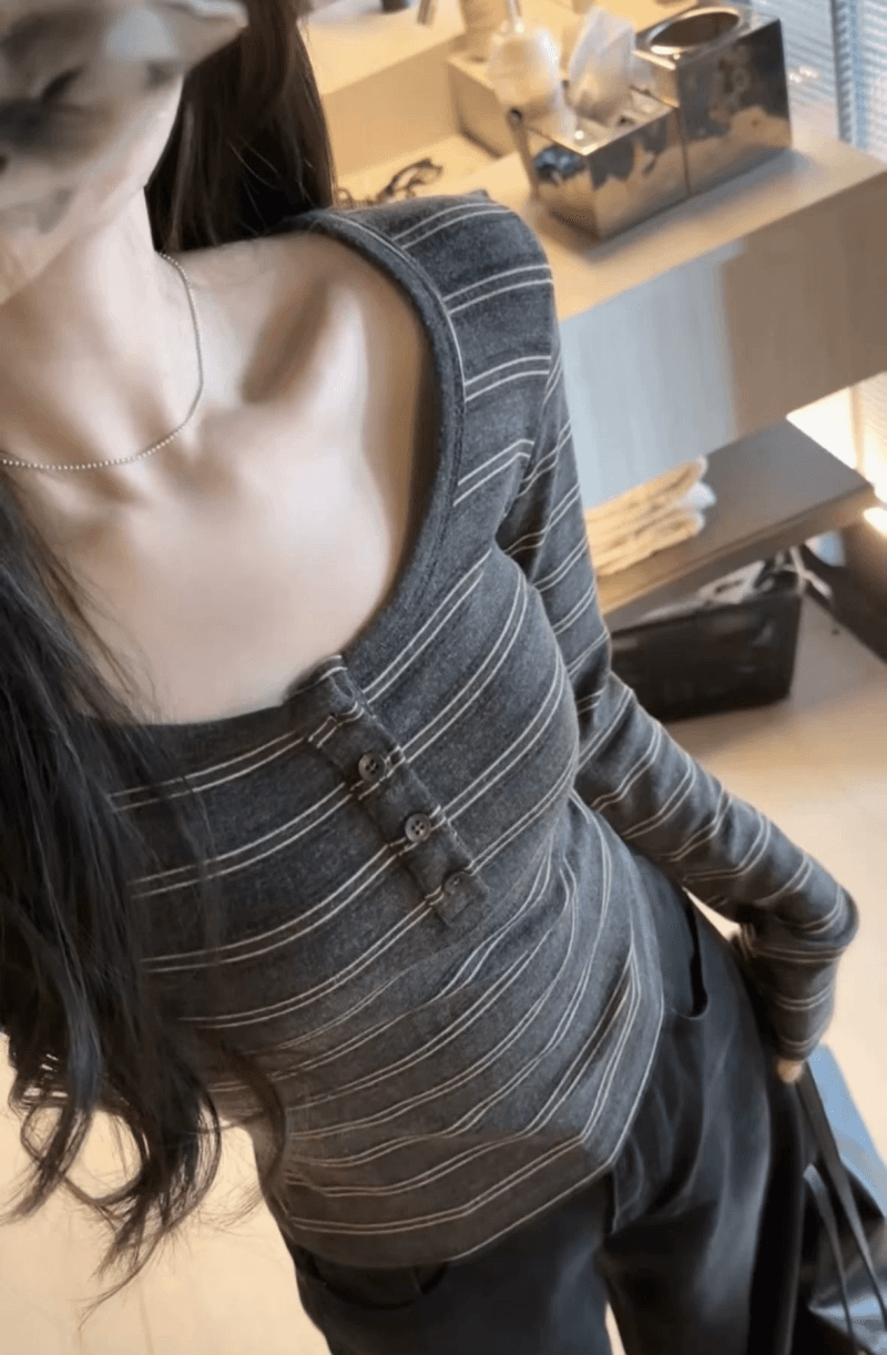 한 부서 chic Chic 작은 맨위 여성 이른 가을 디자인 센스 작은 대중 배색 스트라이프 슬림해 보이는 긴팔 티셔츠 기본 셔츠 이미지 4