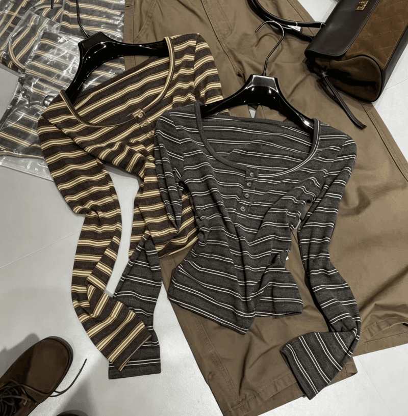 한 부서 chic Chic 작은 맨위 여성 이른 가을 디자인 센스 작은 대중 배색 스트라이프 슬림해 보이는 긴팔 티셔츠 기본 셔츠 상세 이미지 2