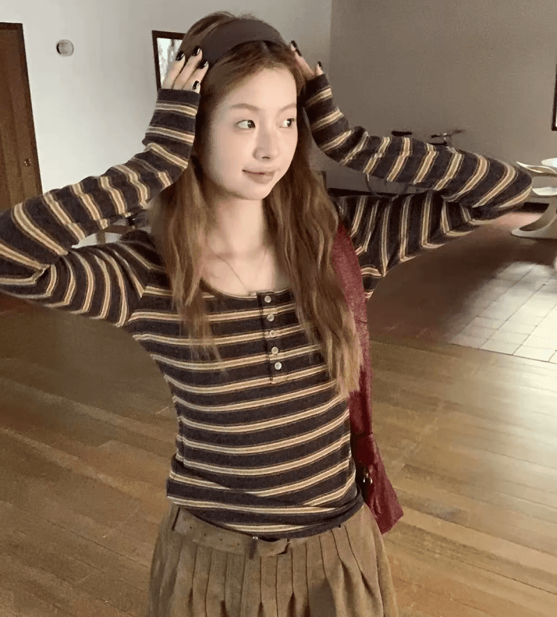 한 부서 chic Chic 작은 맨위 여성 이른 가을 디자인 센스 작은 대중 배색 스트라이프 슬림해 보이는 긴팔 티셔츠 기본 셔츠 상세 이미지 3