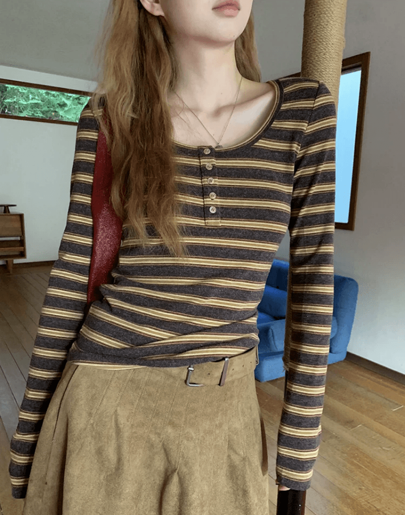 한 부서 chic Chic 작은 맨위 여성 이른 가을 디자인 센스 작은 대중 배색 스트라이프 슬림해 보이는 긴팔 티셔츠 기본 셔츠 상세 이미지 4