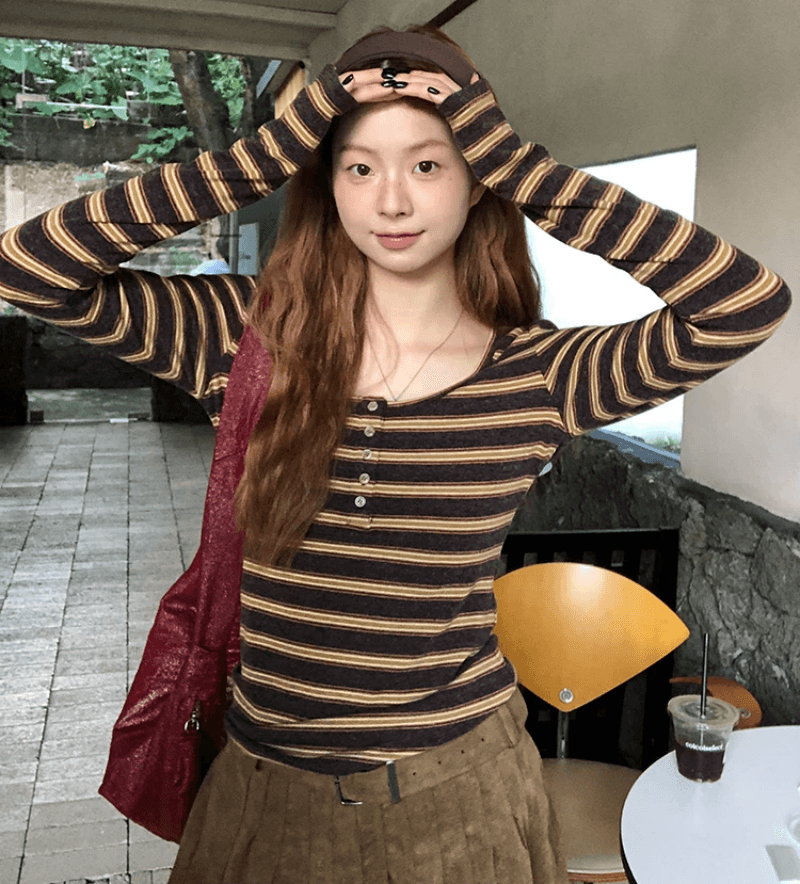 한 부서 chic Chic 작은 맨위 여성 이른 가을 디자인 센스 작은 대중 배색 스트라이프 슬림해 보이는 긴팔 티셔츠 기본 셔츠 상세 이미지 5