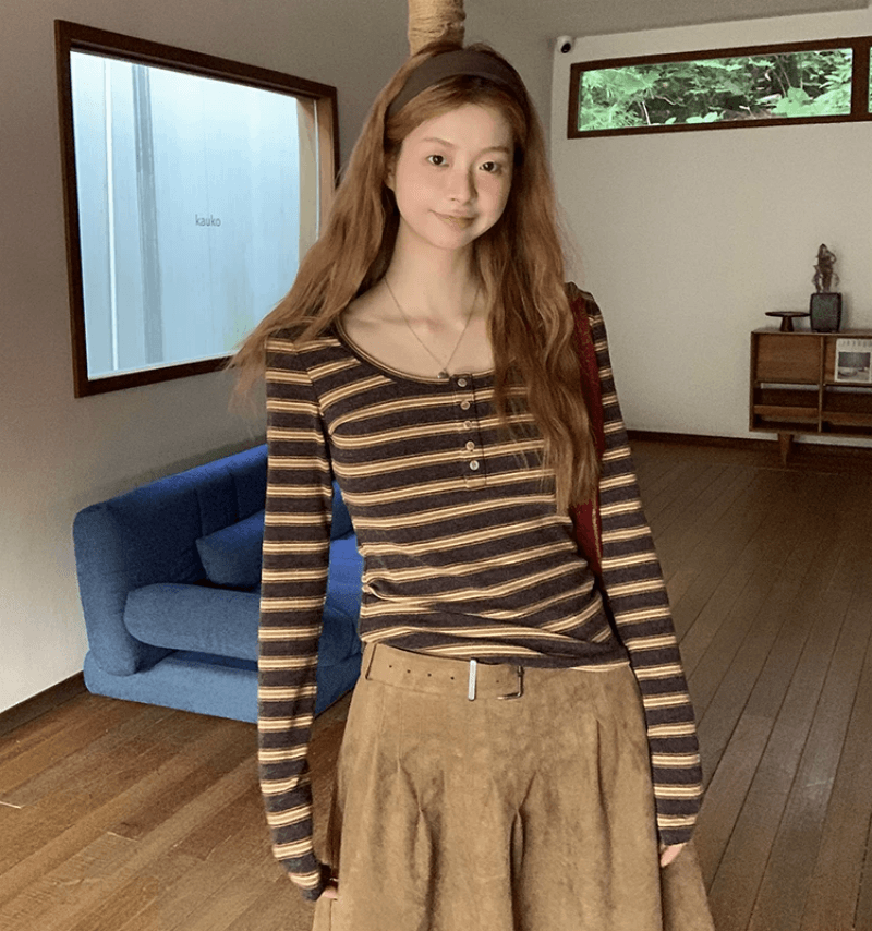 한 부서 chic Chic 작은 맨위 여성 이른 가을 디자인 센스 작은 대중 배색 스트라이프 슬림해 보이는 긴팔 티셔츠 기본 셔츠 상세 이미지 6